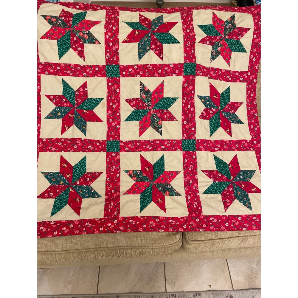 Handmade Christmas Star Patchwork Quilt Red Green Holiday Lap Blanket 38x38